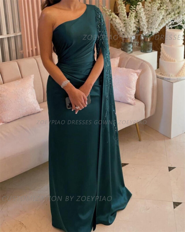 Green Satin Prom Dresses One Shoulder Evening Party Gown Formal Occasion Dresses for Women 2024 Sequins Beads Dress Ball Gown
