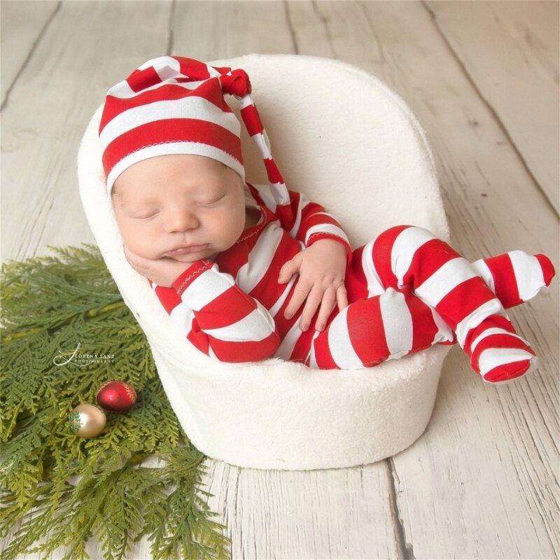 Costume noël pour nouveau-né, accessoires photographie, tenue à rayures rouges blanches