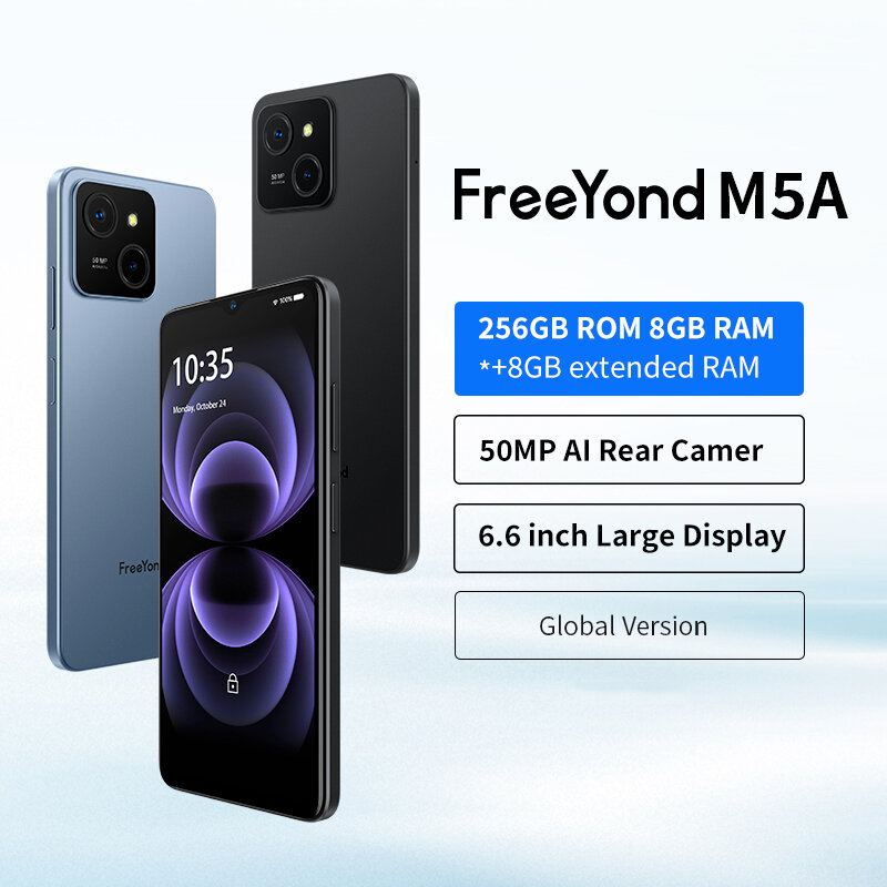 FreeYond M5A 256GB ROM, 8GB + 8GB 확장 RAM, 최대 16GB, 50MP, 6.6 인치 화면, 5000mAh, 옥타 코어, 안드로이드 13, 18W 고속 충전