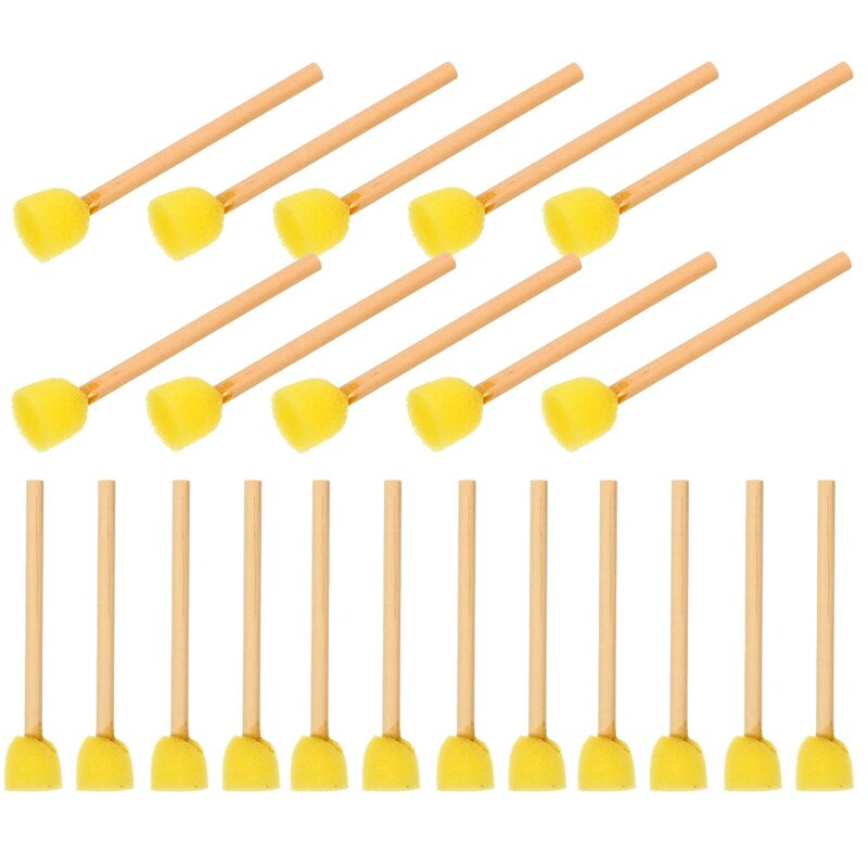 100 buah sikat spons pegangan kayu kuas busa lukisan datar spons bulat Kit gambar pena kuning anak-anak