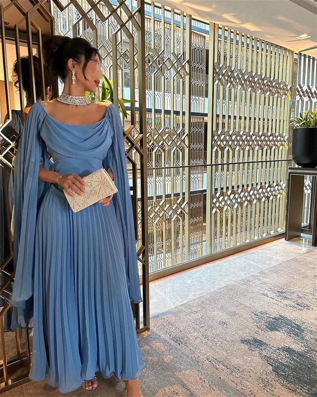 Lorrtta-Elegant Blue Arabia Chiffon Prom Vestidos, mangas plissadas, vestidos de festa, A linha sem mangas, tornozelo de comprimento, 2024