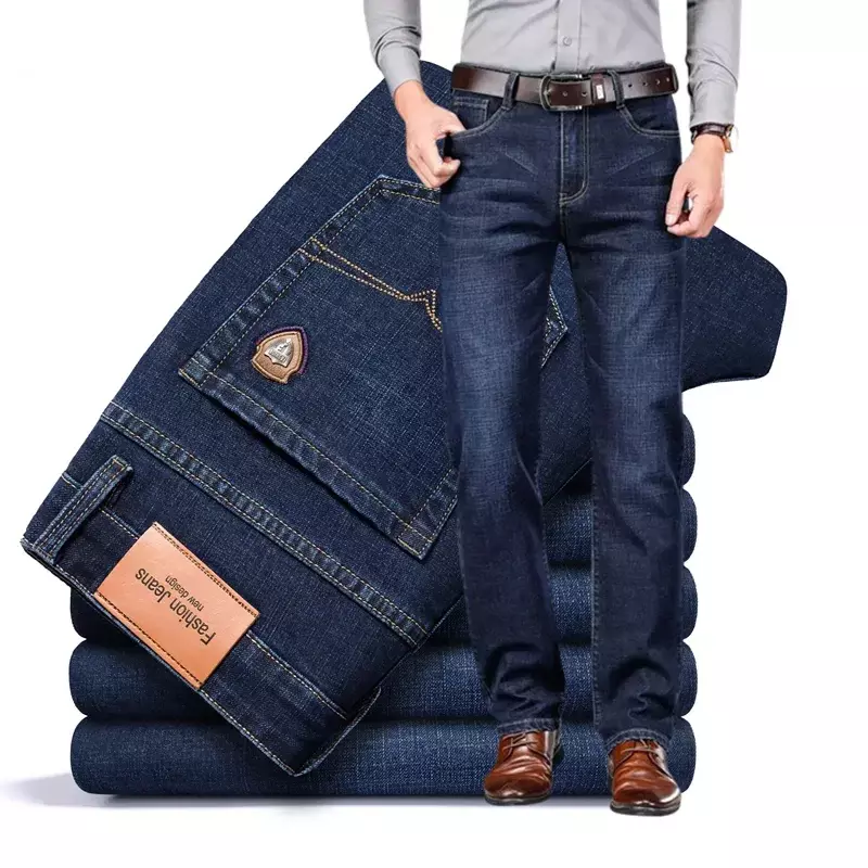 Осень-весна 2024, высококачественные облегающие прямые Стрейчевые джинсы, Классические мужские деловые повседневные джинсовые брюки