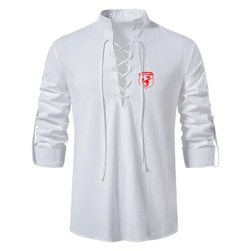 Abarth 2024 New Men's Spring and Autumn Comfortable Trendy Casual Frenulum Collar Printing Cotton Linen Long Sleeve Tops