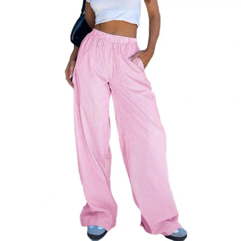 女性用ワイドレッグパンツ、ポケット付き、縦ストライプ、ハイウエスト、伸縮性パンツ、レディースストリートウェア