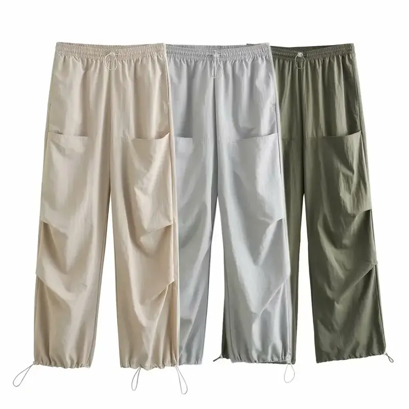 Women New Fashion Pocket decoration Pleated nylon Casual Pants Vintage High Elastic Waist Drawstring Female Trousers Mujer