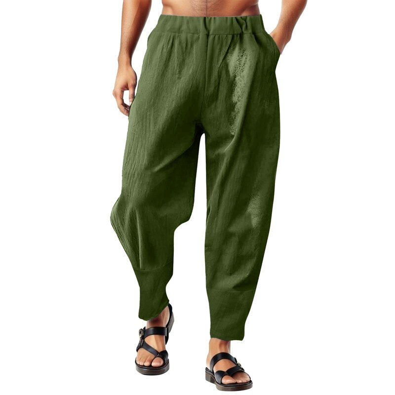 Брюки мужские из хлопка и льна, дышащие однотонные, с карманами для фитнеса, брюки-карандаш, осень 2023