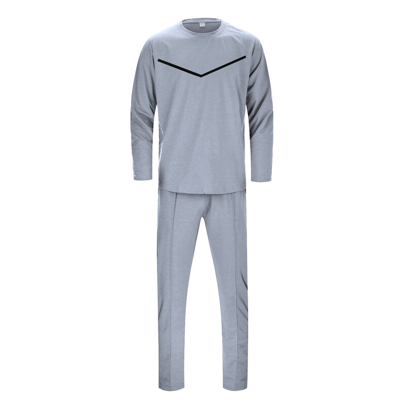 2023 Male Casual Solid Two Piece Suit Round Neck Long Sleeve Top Blouse Sportwear Suit Autumn Drawstring Pants Tracksuit Set