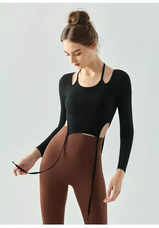 Ins Han Feng Yoga Top Long Sleeve Autumn Semi-fixed Cup With Chest Cushion Sling Neck Sexy Dance Fitness Clothes