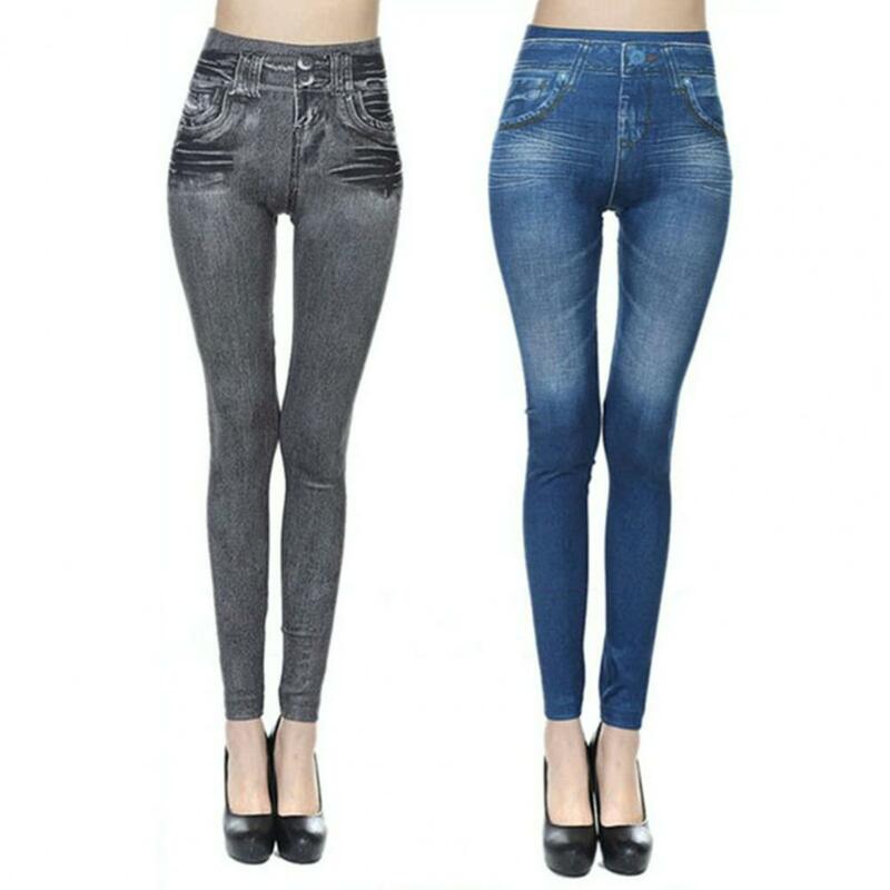 FJFor-Pantalon en polyester élastique pour femme, faux jeans confortables, longueur rinçage, maison