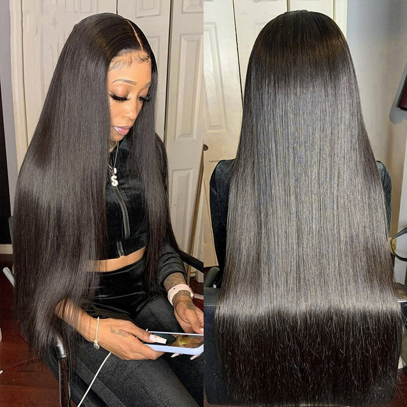 Perruque Lace Closure Wig brésilienne naturelle, cheveux lisses, 4x4, 36 38 40, pre-plucked, pour femmes africaines