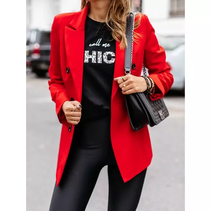 Женский двубортный Блейзер, Осенние однотонные куртки с длинным рукавом, черный офисный блейзер цвета хаки на пуговицах с лацканами, деловые костюмы