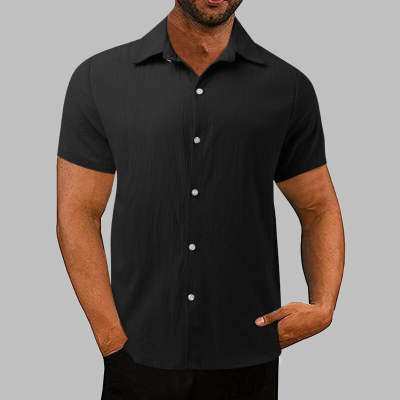 Male Soild Colour Blouse Cotton Button Down Holiday Beach Shirts Loose Tops Short Sleeve Tee Shirt Handsome Men Shirt