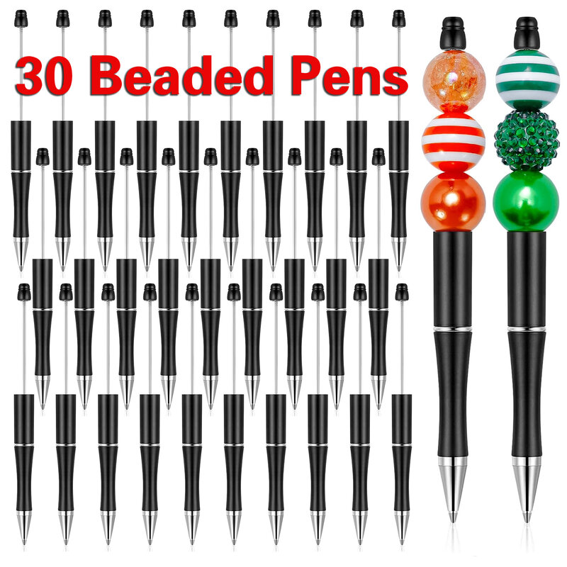 クリエイティブなプラスチックビーズボールペン、黒のビーズペン、印刷可能な金属製ペン、学生のためのDIYギフト、事務用品、30個