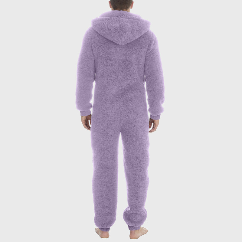Winter Pyjama Jumpsuits Voor Heren Lange Mouwen Capuchon Kunstmatige Wol Onesie Nachtkleding Thuis Warm Fleece Heren Pyjama Jumpsuit