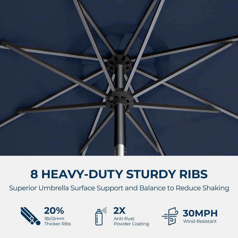 Sombrilla de Patio al aire libre de 9 pies, paraguas de cubierta de piscina de mesa de mercado, protección UV UPF50 + con botón pulsador de inclinación, 8 costillas resistentes (azul marino)