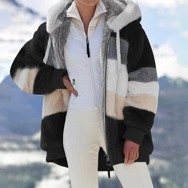 Soprabito da donna autunno inverno caldo allentato giacche Casual colori a contrasto cerniera con cappuccio lanugine cappotto termico abbigliamento