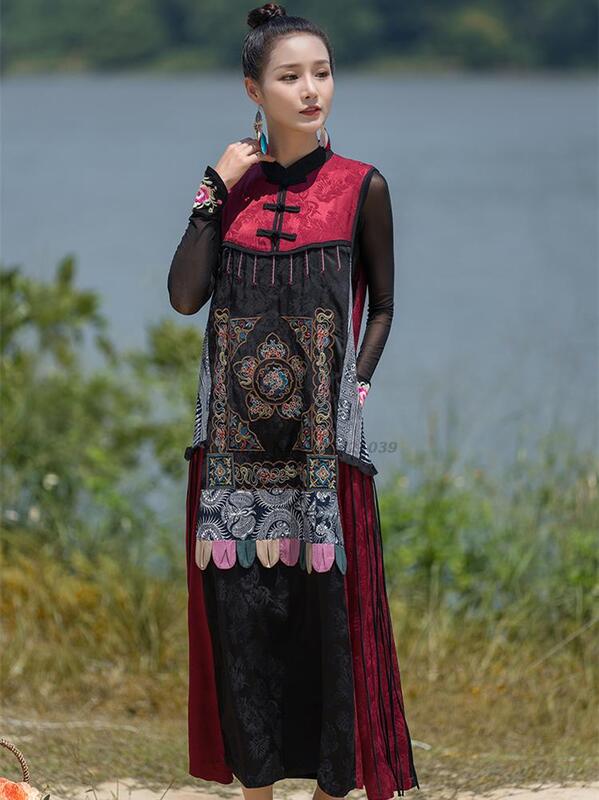 2024 Hanfu Kleid nationale Blumen stickerei ärmellose Sommerkleid Frauen Patchwork lockeres Kleid orientalisch elegant Volkstanz Kleid