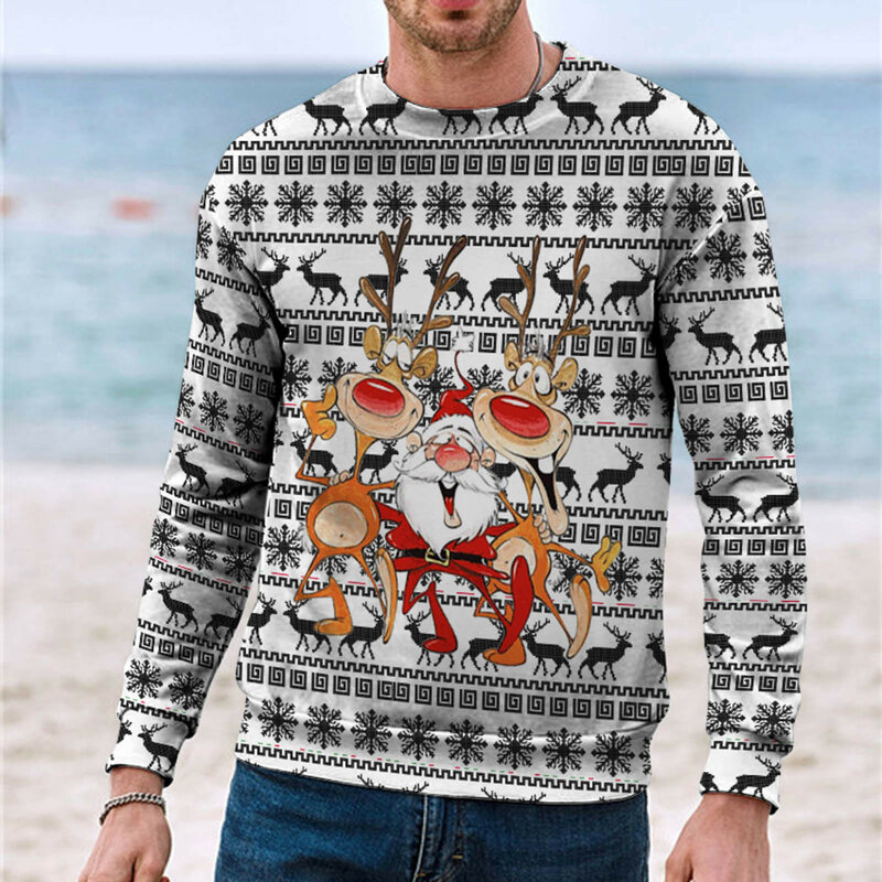Cartoon Santa Claus Print Men's T-Shirt Christmas Imitation Cotton Tshirt Female Sweatshirt Fashion Men Long Sleeves Pullover