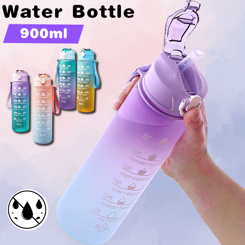 900ML sportowa butelka na wodę ze znacznikiem czasu wyciek-szczelny kubek motywacyjna przenośna butelka na wodę do uprawiania sportów na świeżym powietrzu bez BPA