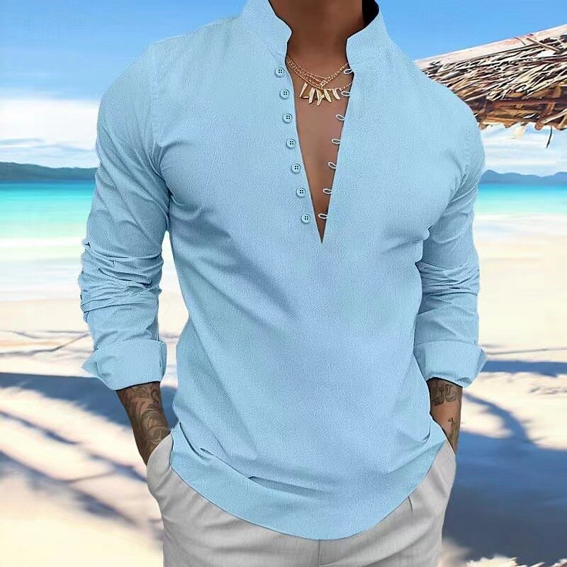 Spring and autumn new men's long-sleeved shirt cotton and linen single-breasted solid color standing collar shirt