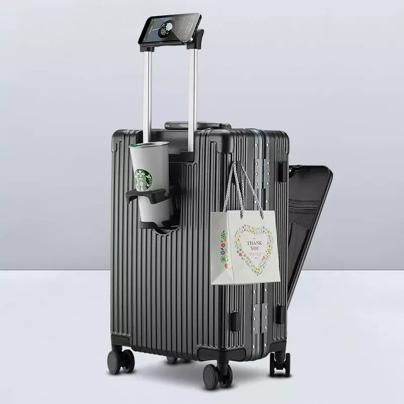 EXBX maleta de viaje multifunción para equipaje, estuche de varilla de tracción con marco de aluminio, puerto de carga USB con portavasos plegable, bolsa de embarque