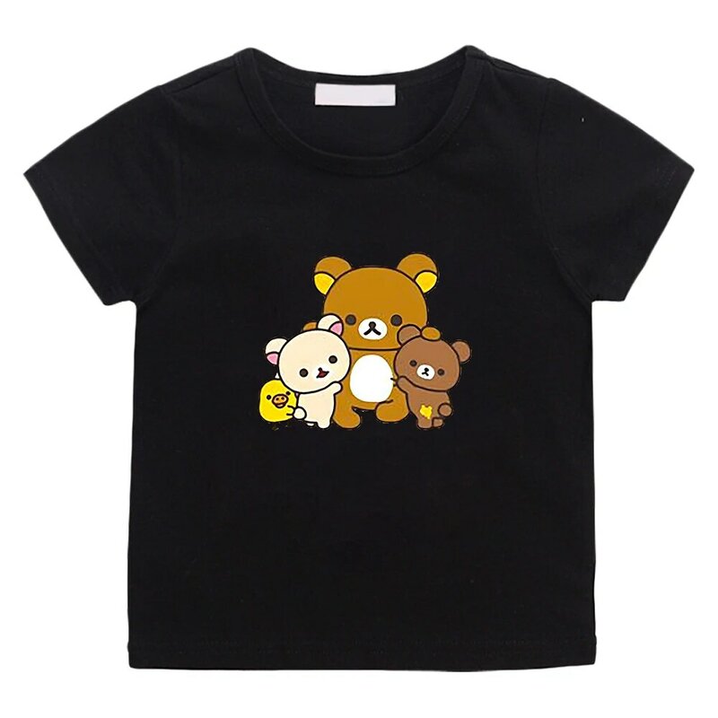 Maglietta Kawaii Rilakkuma Bear Print per bambini ragazzi e ragazze maglietta estiva in cotone 100% magliette Casual a maniche corte dei cartoni animati