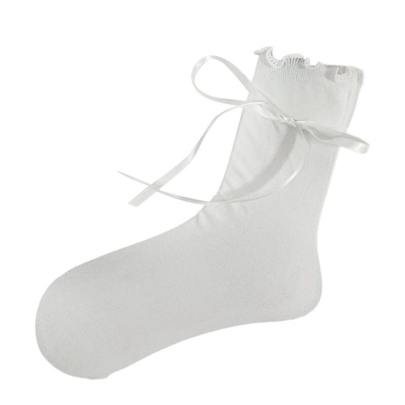 Calcetines tubo medio Color liso para mujer, calcetín tobillero con volantes y lazo anudado con cinta bonita