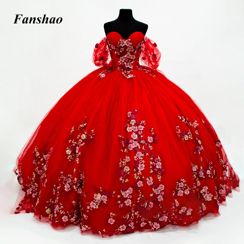 Fanshao exquisite Ballkleid Kleid für Frauen Luxus träger lose Dreiviertel Puff ärmel Blumen druck Applikationen personal isiert