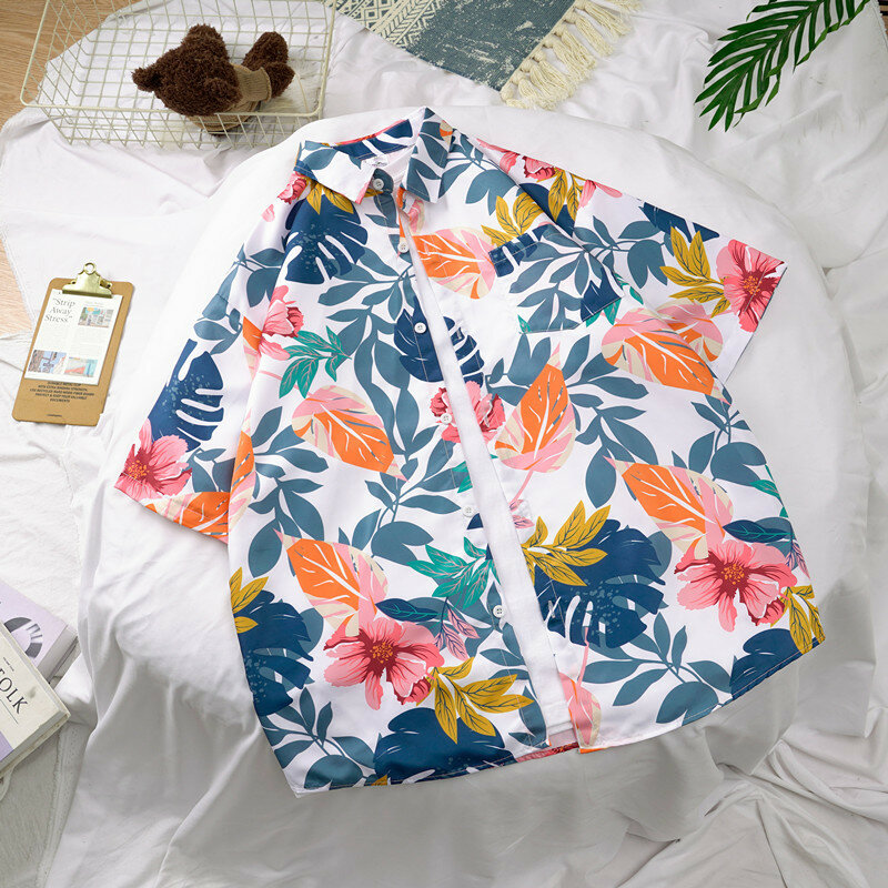 Camisa de manga curta floral havaiana, moda masculina, praia, fina, lazer juvenil cubana, top de gola solta, casal, marca verão