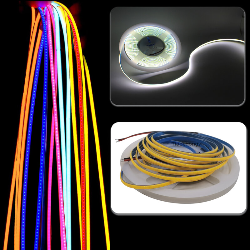 Tira de luces LED COB para decoración del hogar, 3mm, PCB, ultrafino, DC12V, 392LED/m, azul/verde/rojo, blanco, cinta LED de alta densidad