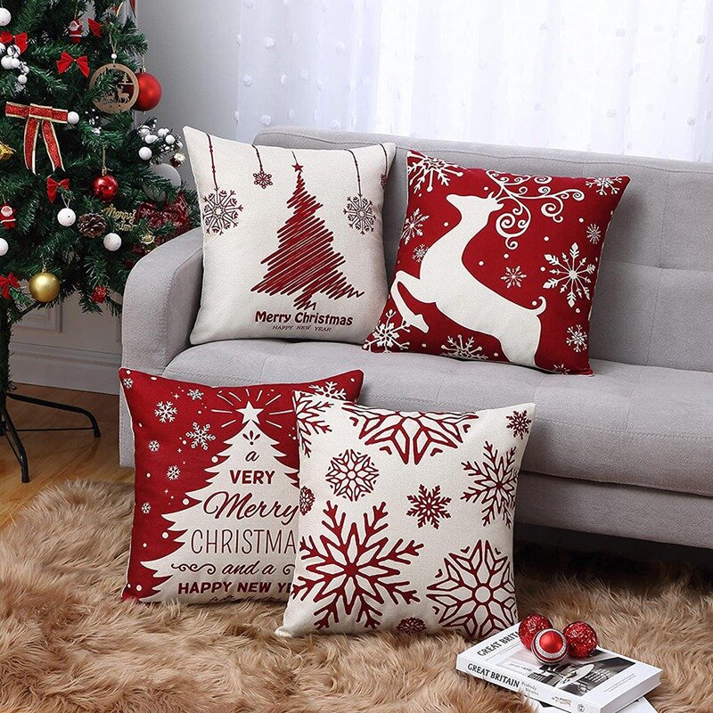 Christmas Pillow Covers 18X18 Set Of 4,Farmhouse Christmas Decor For Home,Xmas Decorations Throw Cushion Case For Home