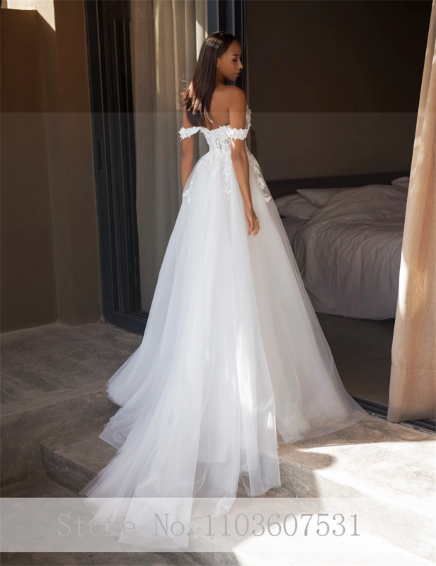 Gaun pengantin renda dari bahu terbuka gaun pengantin pernikahan Tulle untuk wanita belahan samping A-line gaun pesta pernikahan vestidos de novia