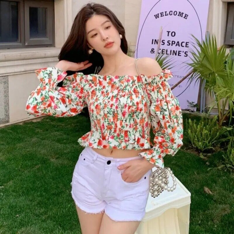Elegant Floral Blouses Off Shoulder For Women Sexy Sweet Backless  Crop Top Youth Blouse Fashion Summer Women Clothing 2024