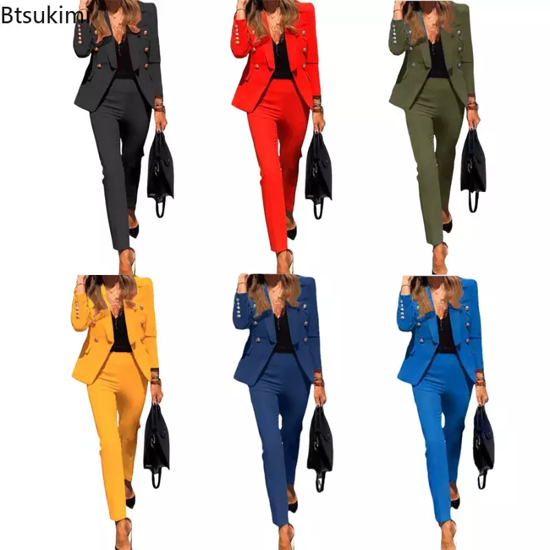 Conjunto de chaqueta y pantalones de oficina para mujer, traje Formal de 2 piezas, elegante, sólido, 2024