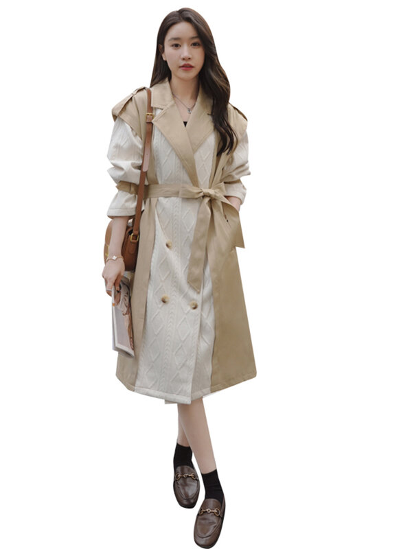 معطف طويل مرقع من LANMREM مع حزام للنساء ، لون متباين ، صدر مزدوج ، معطف واق من الرياح ، ملابس الشارع ، 2Z1275 ، 1.2