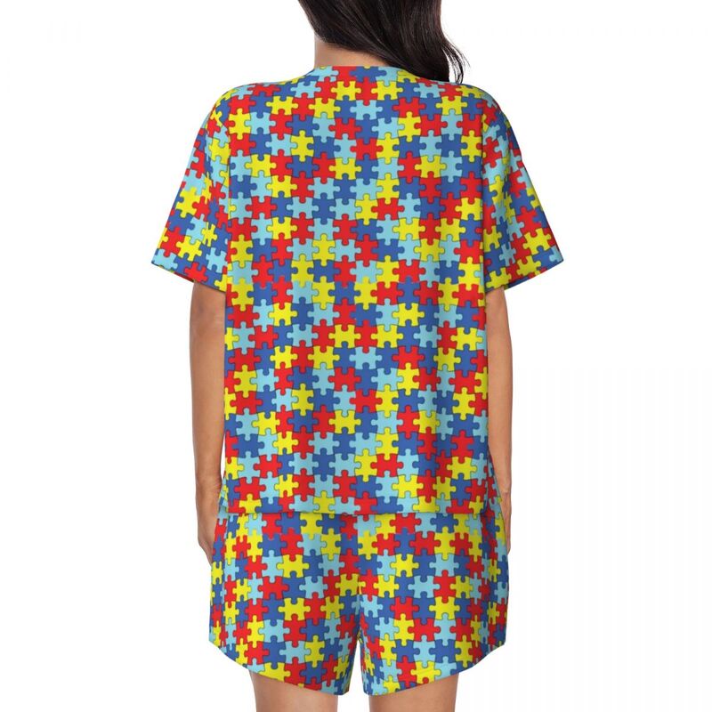 여성용 커스텀 프린트 다채로운 퍼즐 패턴, 자폐증 인식 잠옷 세트, 2 피스 Pj 세트, 반팔 잠옷 라운지웨어