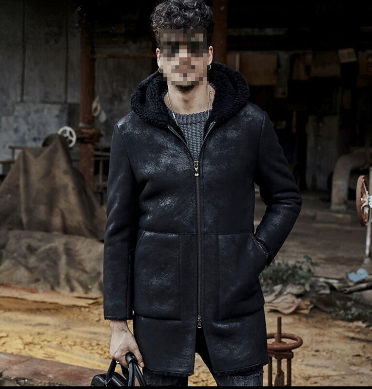 Tcyeek-Manteau en fourrure véritable en cuir véritable pour homme, capuche épaissie, peau de mouton naturelle, vêtements CombMan, mi-longs, hiver