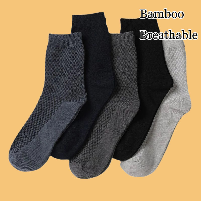 Chaussettes d'équipage en fibre de bambou pour hommes, haute qualité, été, hiver, affaires, respirant, noir, robe masculine, chaussettes de rinçage, 5 paires