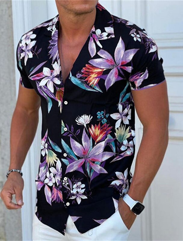 남성용 단추 꽃무늬 셔츠, 스트리트 3D 프린트 플러스 사이즈 하와이안 셔츠, 통기성 비치 반팔, 여름