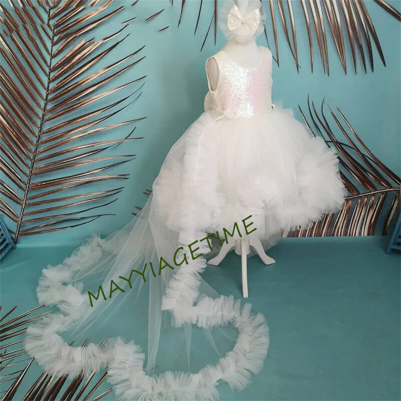 Paillettes Glitter fucsia Flower Girl Dress senza maniche Girls Princess Wedding Party Dress abito da prima comunione