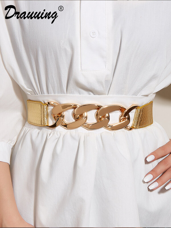 D rauuing-cinturón elástico de cintura con cadena de Metal para mujer, cinturón de cintura con hebilla de Metal, vestido decorado, cadena de cintura recortada