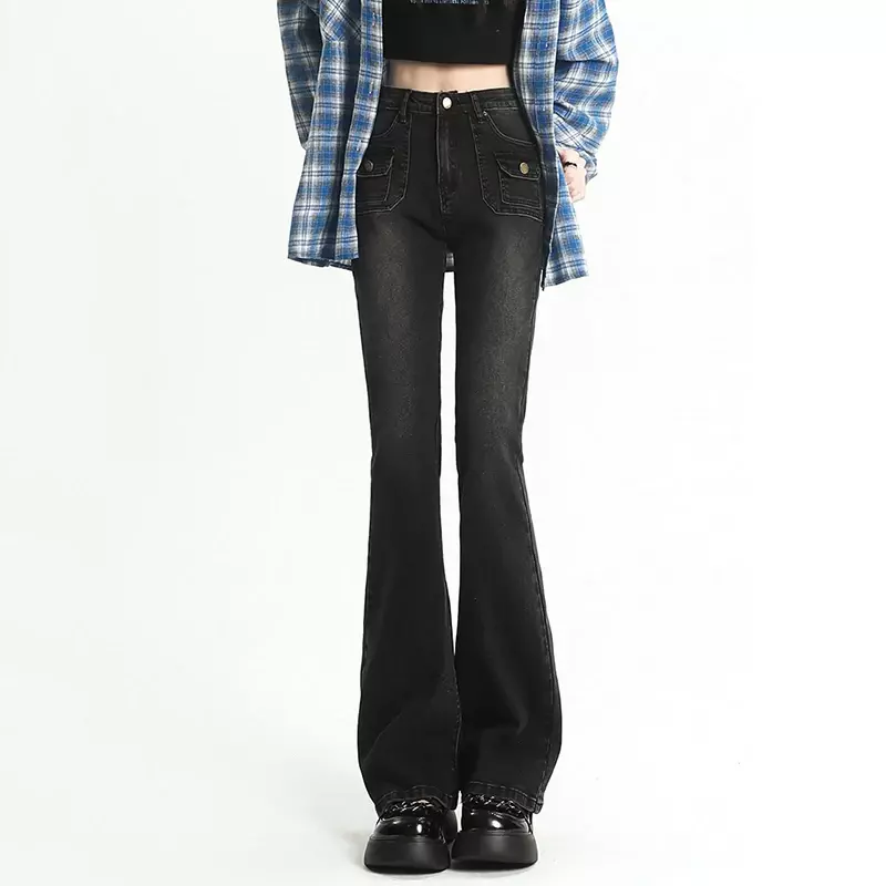 Весенне-осенние корейские дизайнерские ретро-джинсы с колокольчиками женские уличные джинсы с высокой талией расклешенные джинсы узкие Стрейчевые корейские джинсовые брюки