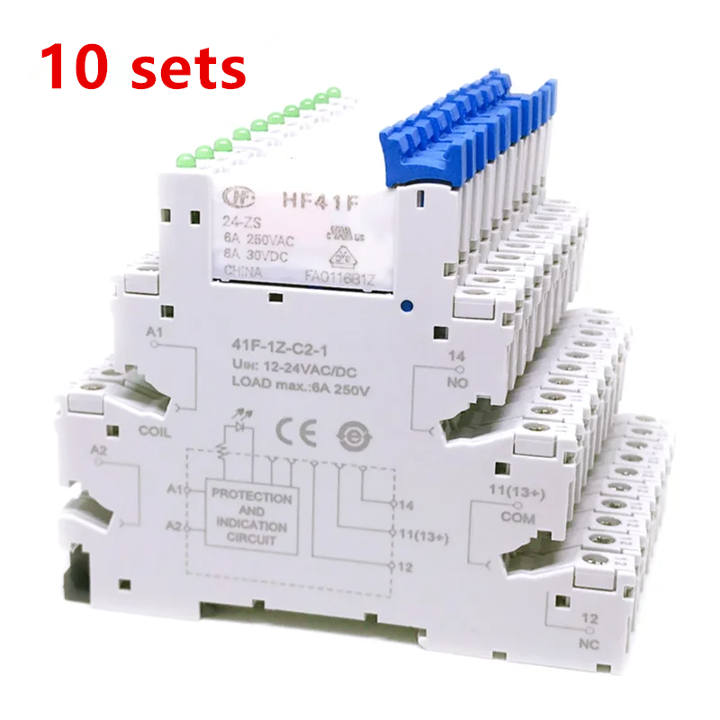 10Pcs 41F-1Z-C2-1 HF41F 5-ZS 12-ZS 24-ZS 5V 12V 24V 230V 6A 1CO Slim/SSR Relay Mount On Screw Socket with LED Wafer relay