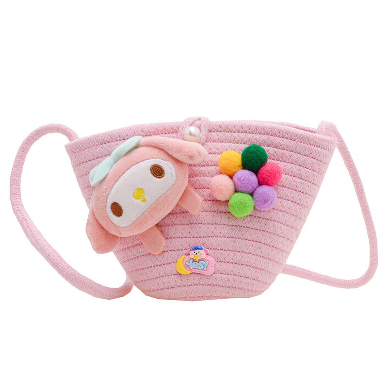 Hello Kittynewwomen-Sac en paille à une épaule pour enfants, sac à bandoulière, sac de rangement pour bébé, accessoires en peluche de dessin animé mignon, à la mode