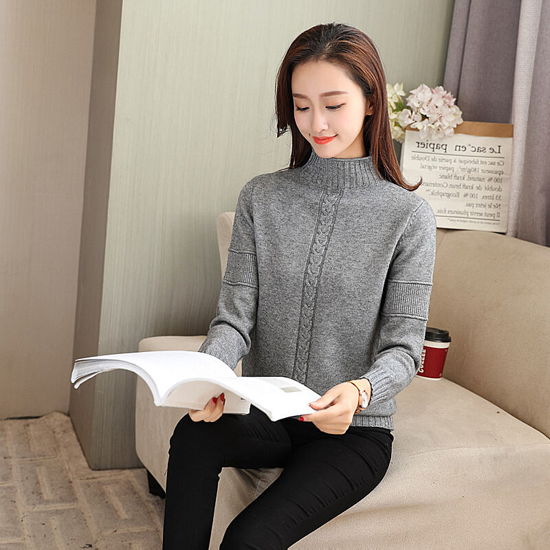Women's Half High Neck Pullover Solid Color Warm Winter Sweater Loose Bottoming Shirt Long Sleeved Knitwear водолазка женская