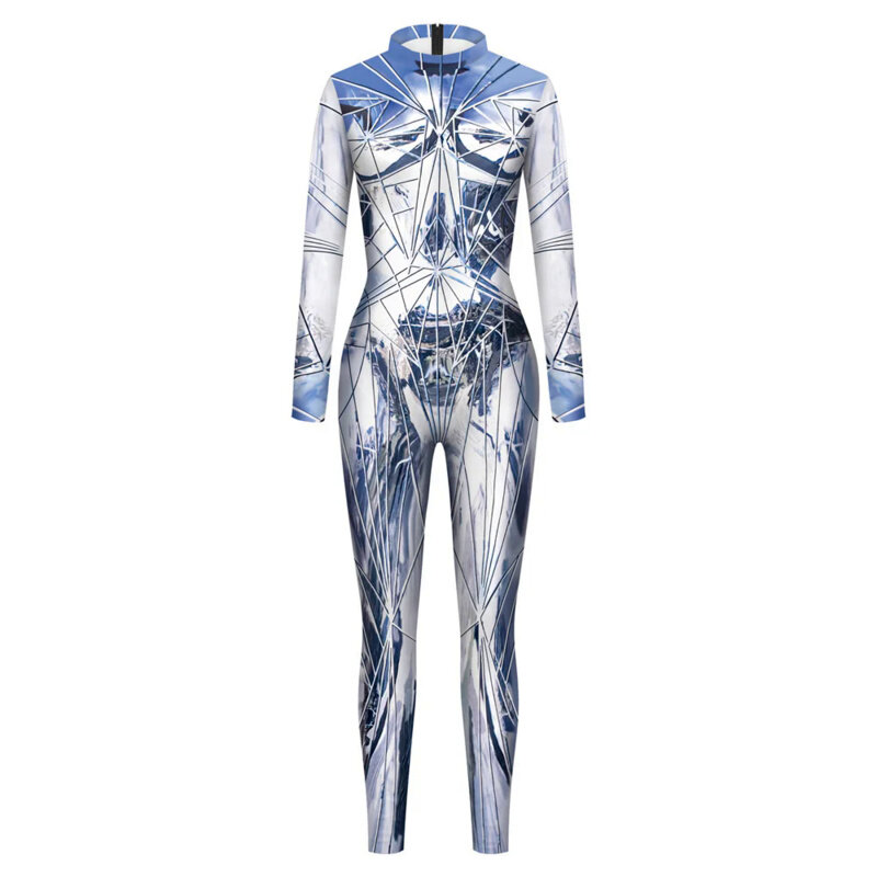 FCCEXIO Glass Fragment Print Catsuit Woman Zipper Sexy Jumpsuit Zentai Bodysuit Party Costume Female Cosplay Outfit Monos Mujer