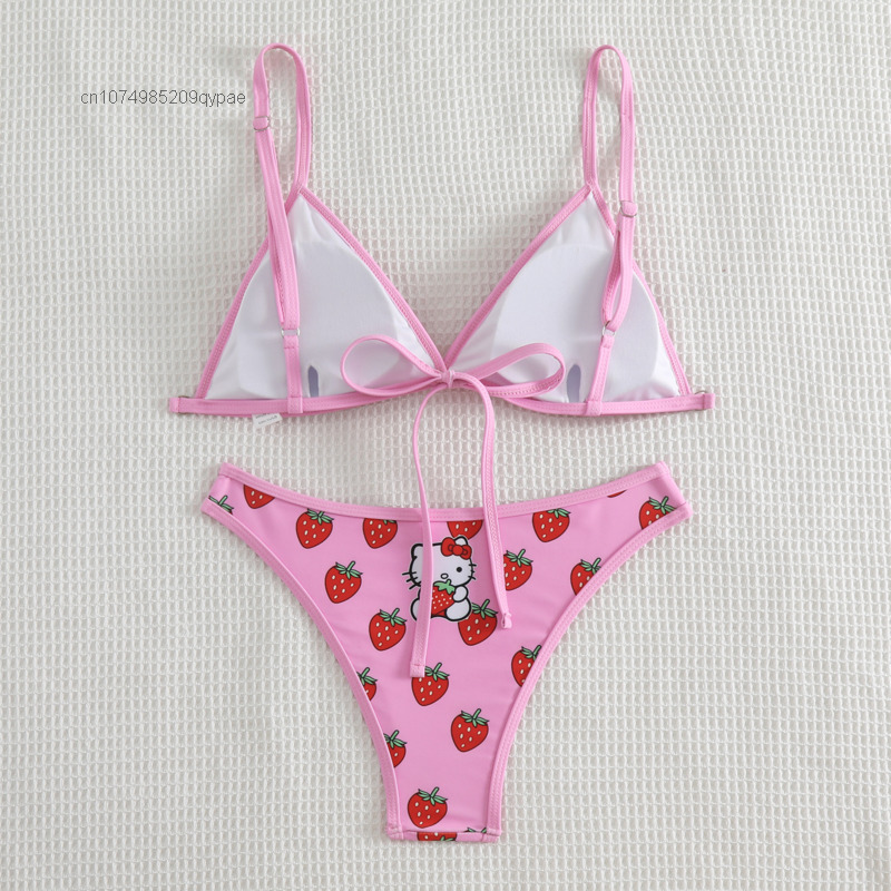 Sanrio-Conjunto de Bikini de Hello Kitty para mujer, 2 piezas, ropa interior de playa de Anime de dibujos animados Y2K, bragas sexys, bañador Kawaii, novedad de verano