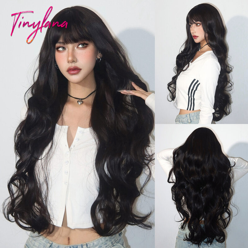 Super Long Black Wavy Synthetic Wigs with Bangs for Women Afro Dark Water Wave Halloween Cosplay Natural Hair Wig Heat Resistant