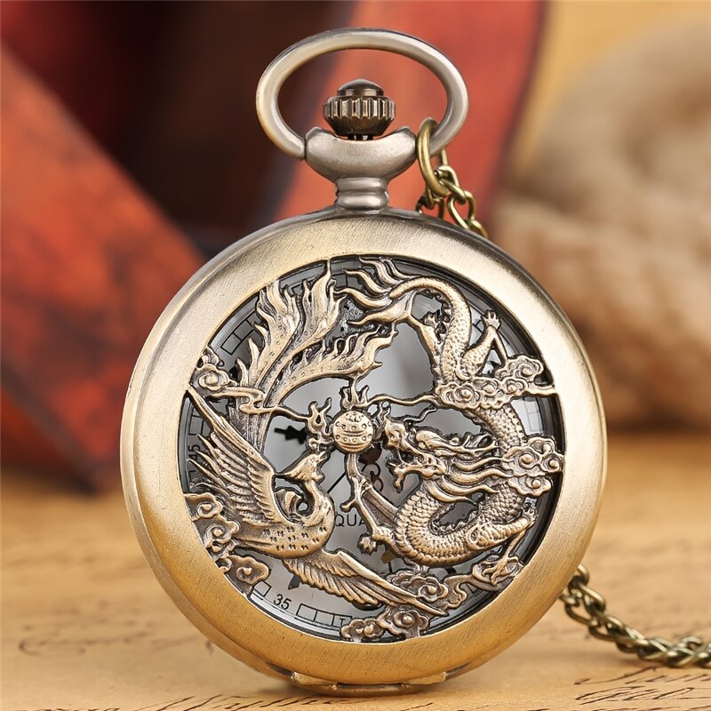 Retro dua naga bermain dengan manik-manik kuarsa jam saku dengan kalung rantai hadiah untuk pria wanita Chronograph Hombre Relojes
