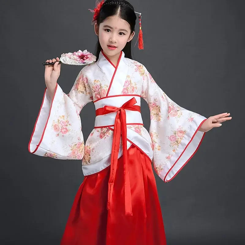 Kostum jubah sutra Tiongkok Kimono anak-anak perempuan kostum dansa Hanfu Fan etnis Vintage tradisional Tiongkok